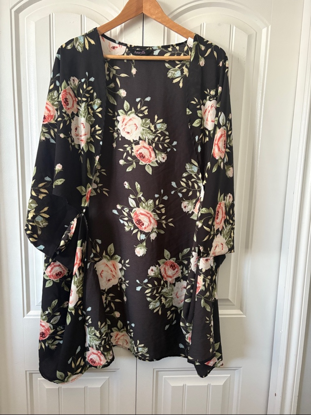 Amaryllis Black Floral Kimono with Pink and Blue Accents